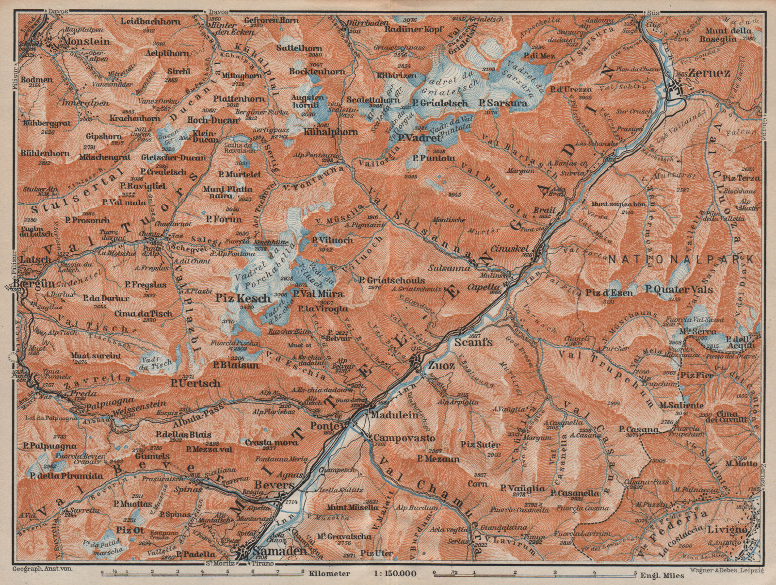 MIDDLE ENGADINE VALLEY. Samedan-Zernez. Zuoz Livigno Albula Alps 1922 old map